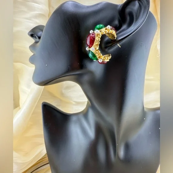 Gemstone Hoop Earrings PVD Gold Plated Stainless Steel with Pearls Natural Stone - Picture 11 of 14